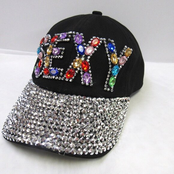 Women's SEXY Sparkle Multicolor Crystal Bling Black Baseball Hat Cap NWT - Picture 3 of 4